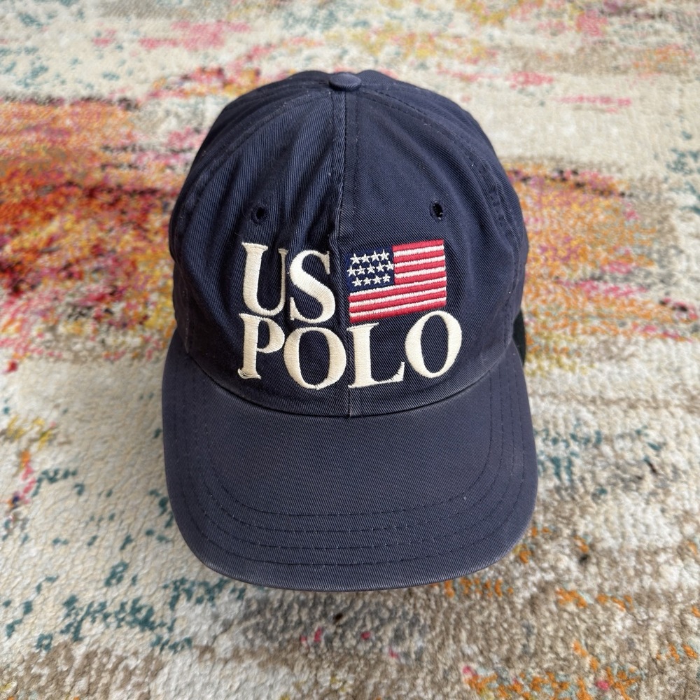 Vintage Polo Ralph Lauren USA Flag Hat Blue Strapback Cap Made In USA Big Font